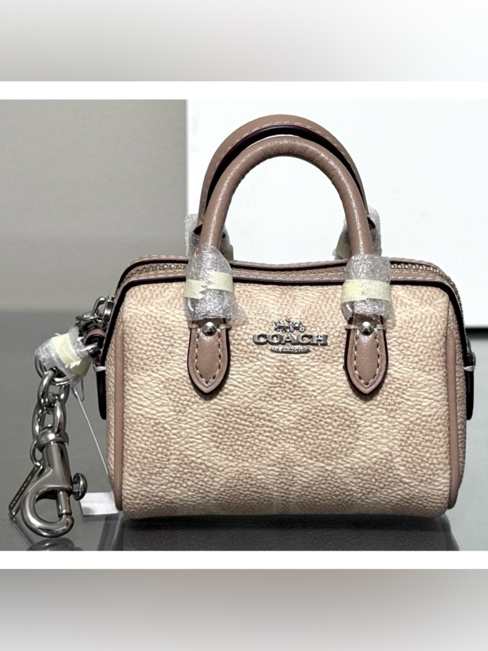 COACH Mini Rowan Bag Charm In Signature Canvas, SILVER/ SAND/ TAUPE